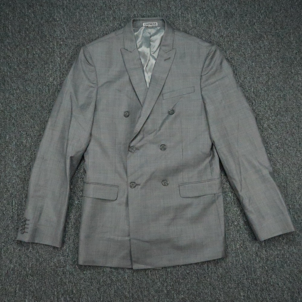 Express Blazer Mens 38R Gray Photographer Double Breasted Fitted Wool Sport Coat